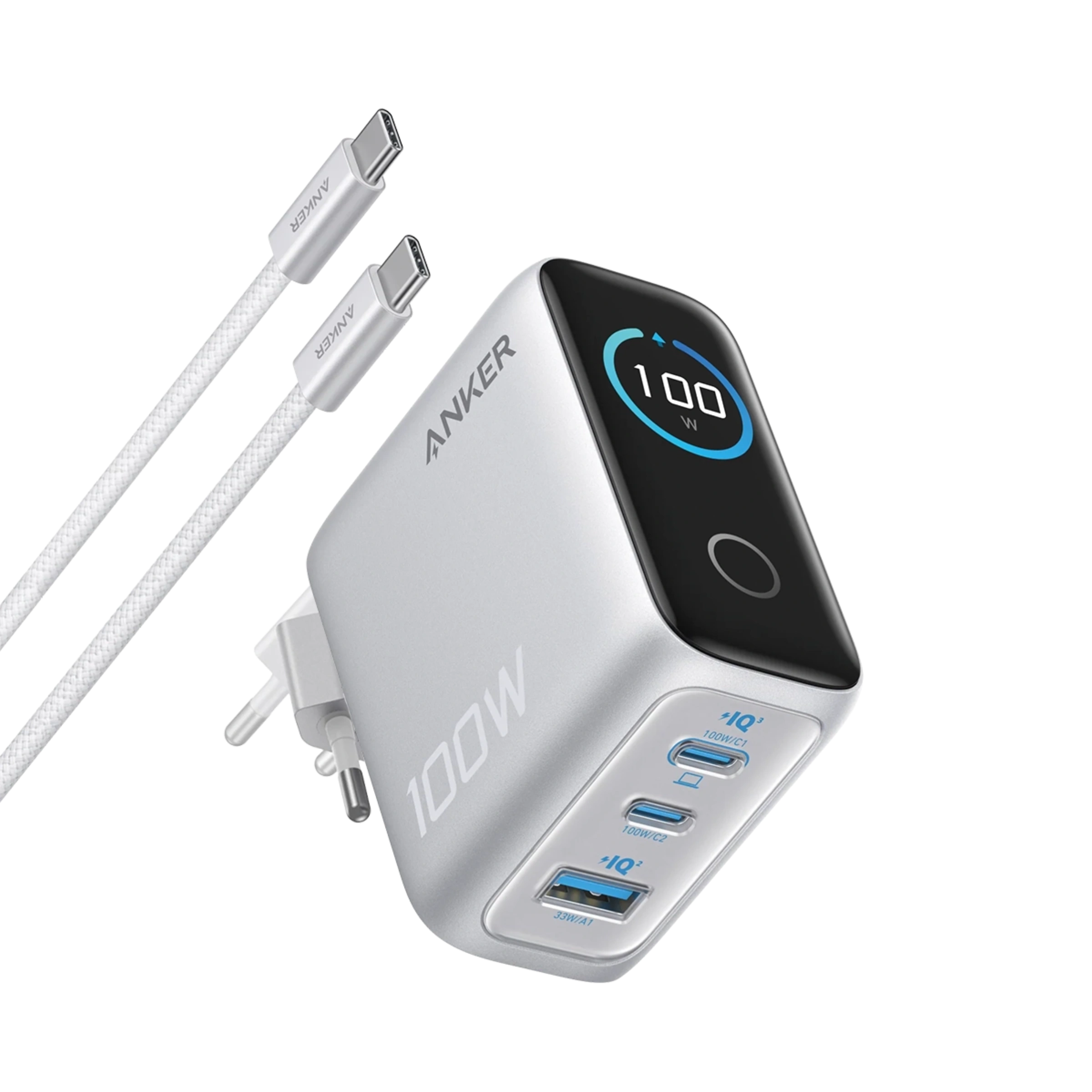 Зарядний пристрій з дисплеєм Anker 100W 3-Ports GaN Charger with Smart Display and USB-C Cable - Silver (B121S)