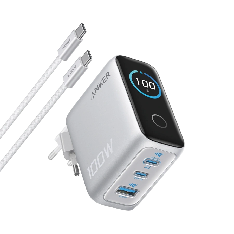 Зарядний пристрій з дисплеєм Anker 100W 3-Ports GaN Charger with Smart Display and USB-C Cable - Silver (B121BG41)