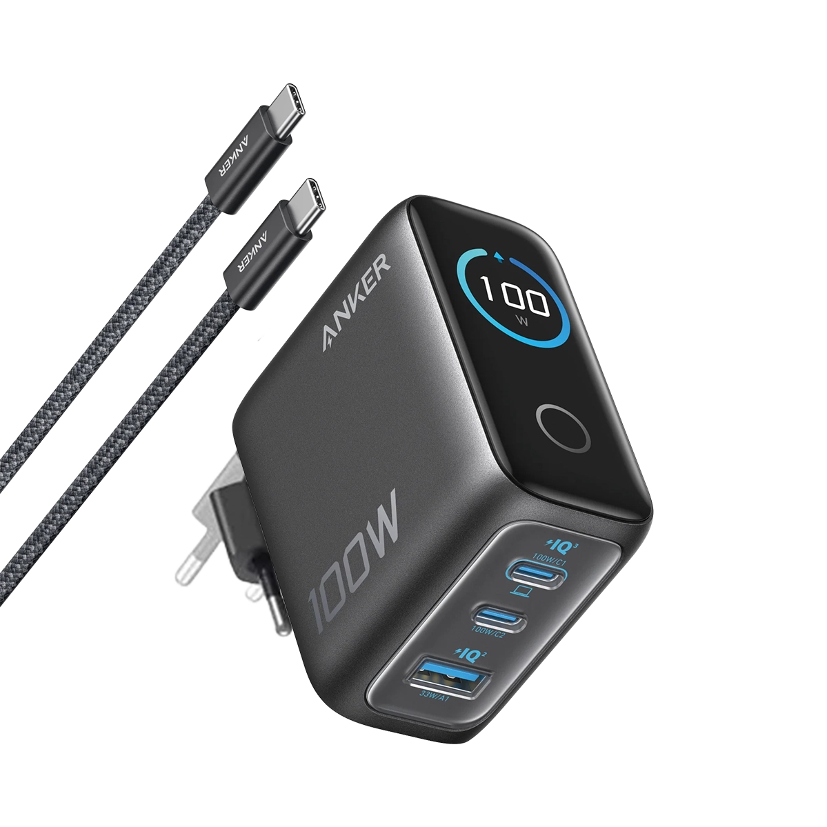 Зарядний пристрій з дисплеєм Anker 100W 3-Ports GaN Charger with Smart Display and USB-C Cable - Space Black (B121B)