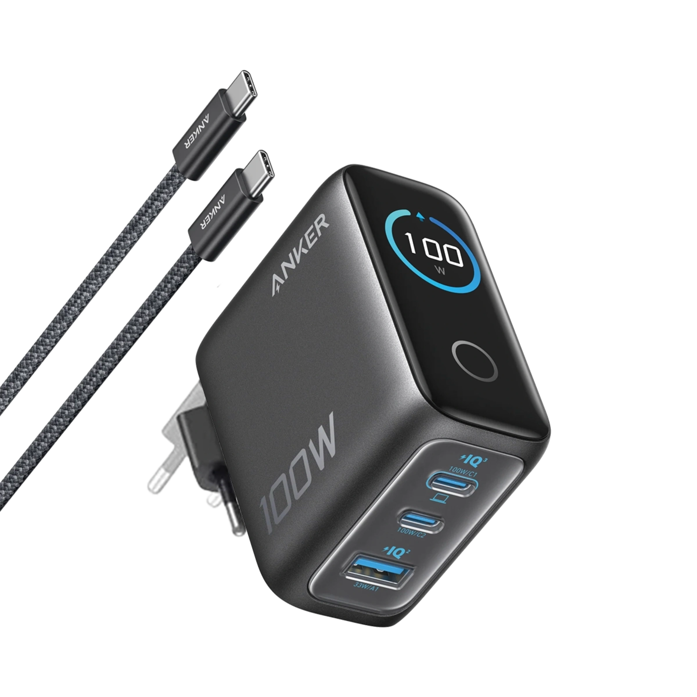 Зарядний пристрій з дисплеєм Anker 100W 3-Ports GaN Charger with Smart Display and USB-C Cable - Space Black (B121B)