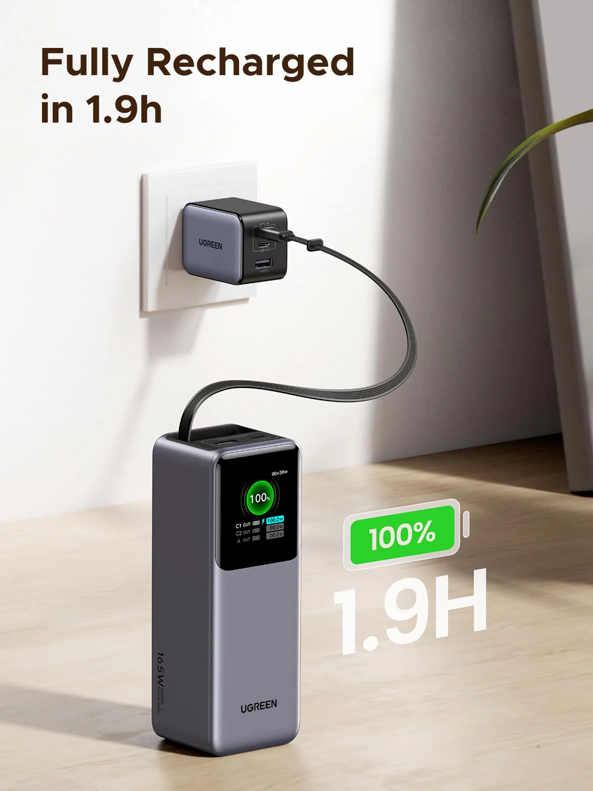 Внешний аккумулятор [павербанк] UGREEN PB726 Nexode Power Bank 20000mAh 165W with Smart Digital Display and Retractable USB-C Cable (55987)