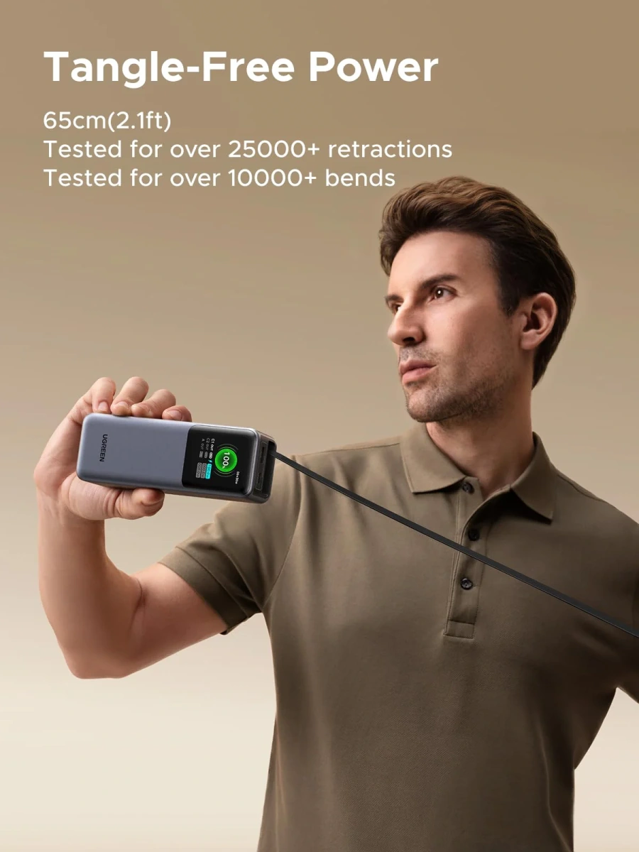 Зовнішній акумулятор [павербанк] UGREEN PB726 Nexode Power Bank 20000mAh 165W with Smart Digital Display and Retractable USB-C Cable (55987)
