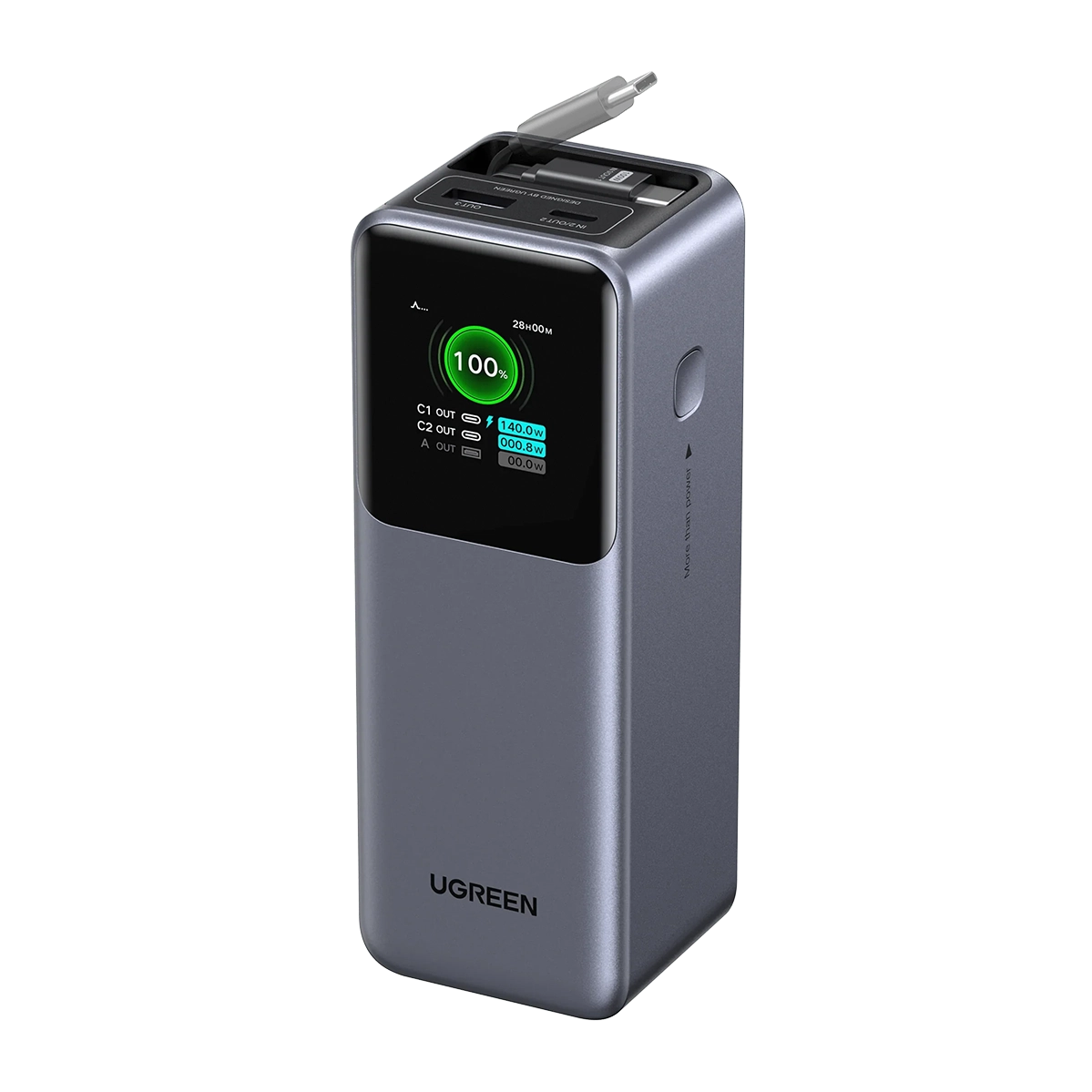 Внешний аккумулятор [павербанк] UGREEN PB726 Nexode Power Bank 20000mAh 165W with Smart Digital Display and Retractable USB-C Cable (55987)