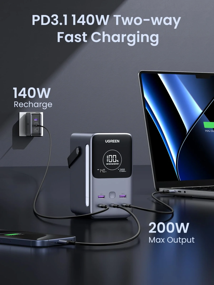 Зовнішній акумулятор [павербанк] з ліхтариком UGREEN PB770 48000mAh 300W (25286)
