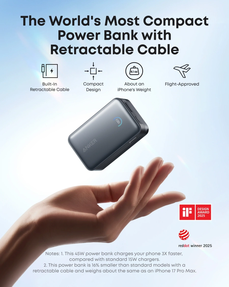 Зовнішній акумулятор [павербанк] з вбудованим кабелем Anker Nano 10000 mAh 45W with Built-in USB-C Cable - Black (A1638H11)