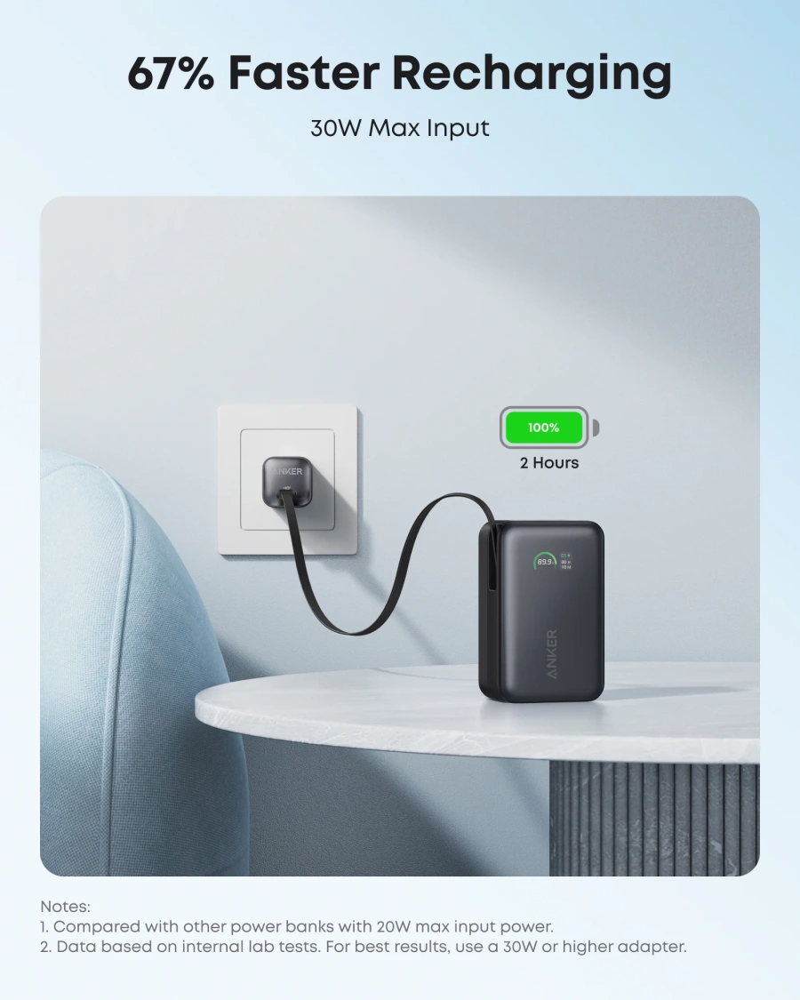 Зовнішній акумулятор [павербанк] з вбудованим кабелем Anker Nano 10000 mAh 45W with Built-in USB-C Cable - Black (A1638H11)