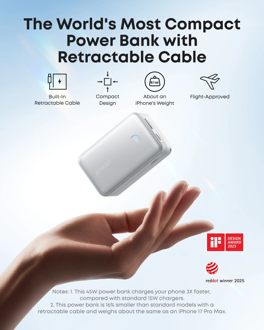 Зовнішній акумулятор [павербанк] з вбудованим кабелем Anker Nano 10000 mAh 45W with Built-in USB-C Cable - White (A1638H21)