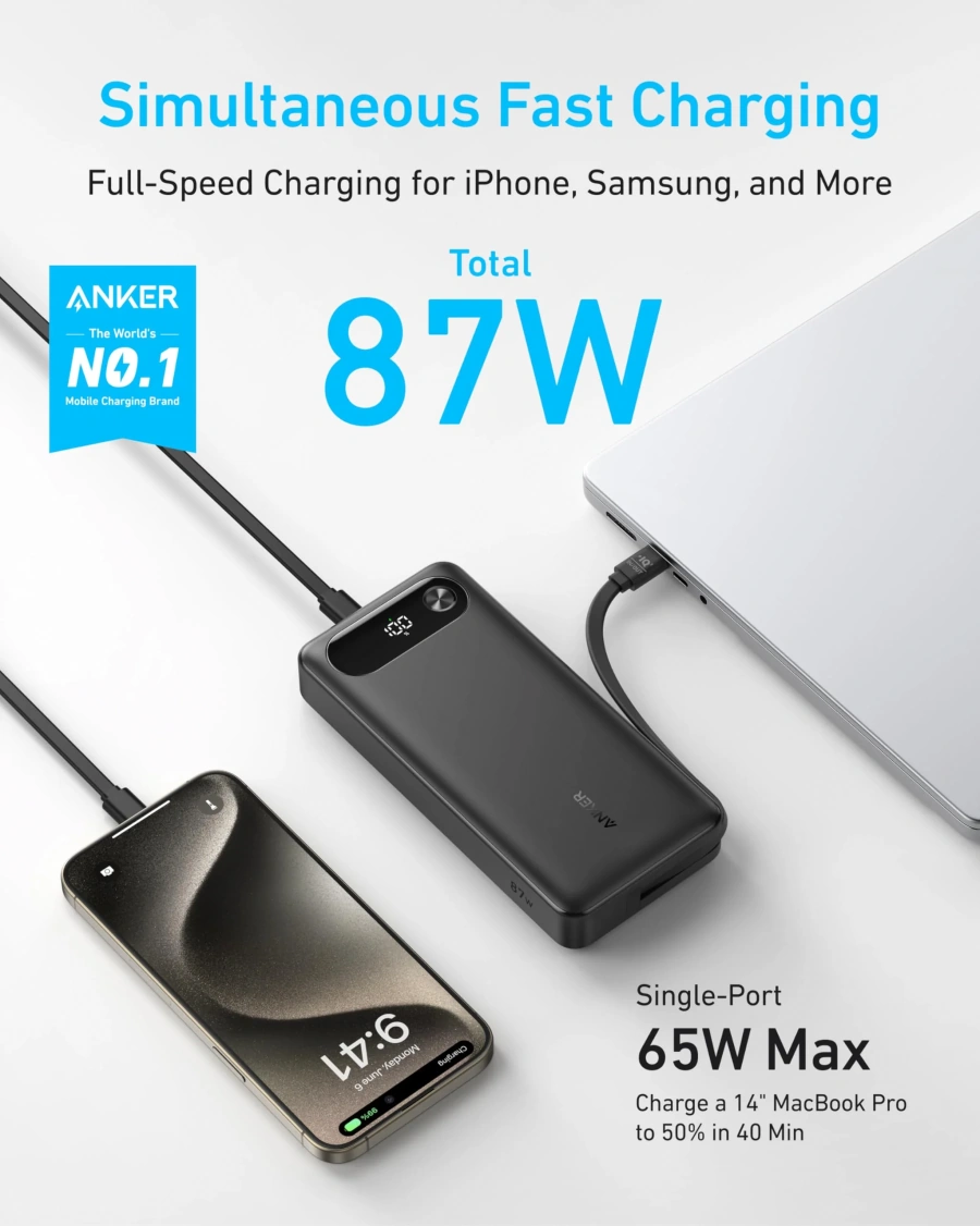 Зовнішній акумулятор [павербанк] з вбудованим кабелем Anker PowerCore 20000mAh 87W with Built-In USB-C - Black (A1383H11)