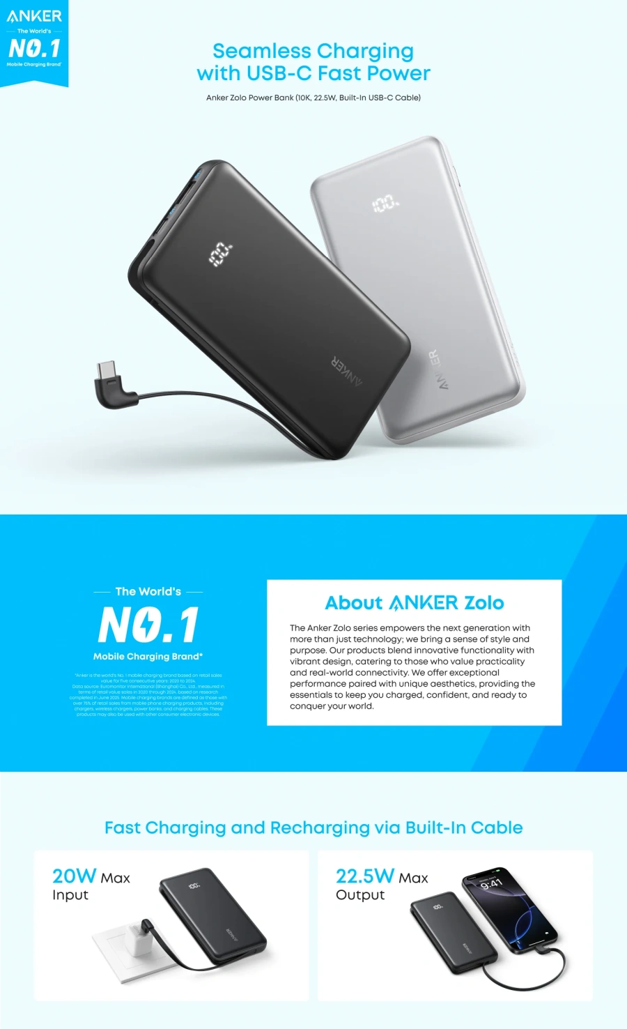 Зовнішній акумулятор [павербанк] з вбудованим кабелем Anker Zolo Powerbank 10000mAh 22.5W with Built-in USB-C Cable - Black (A110DH11)