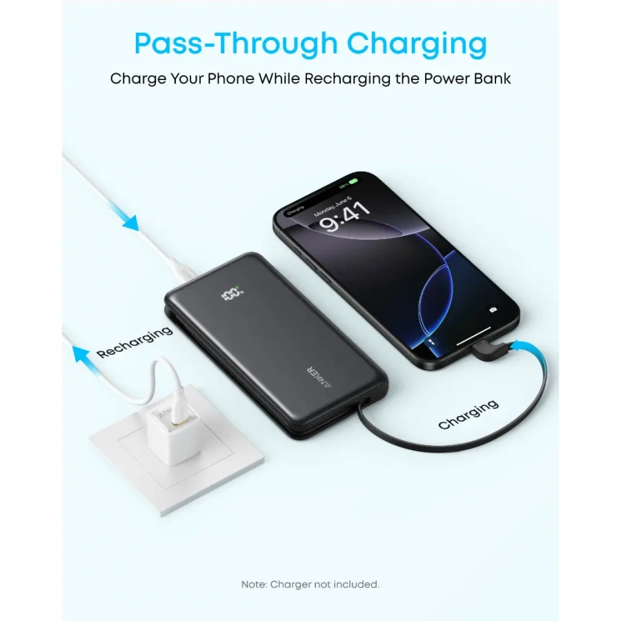 Зовнішній акумулятор [павербанк] з вбудованим кабелем Anker Zolo Powerbank 10000mAh 22.5W with Built-in USB-C Cable - Black (A110DH11)