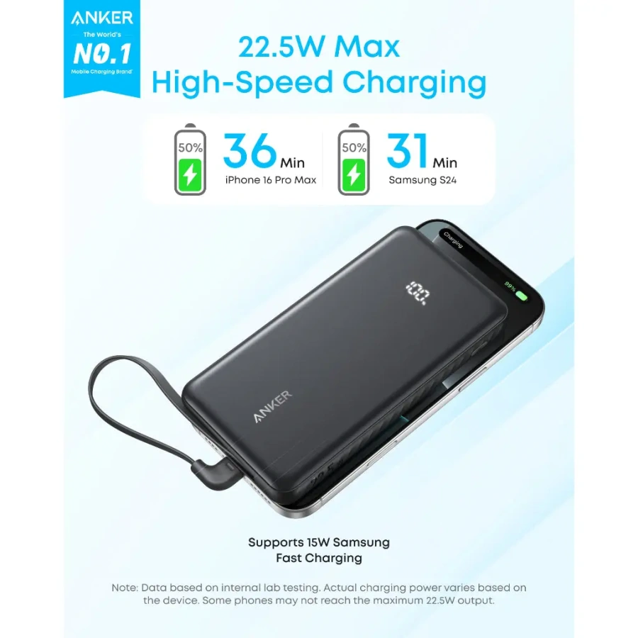 Зовнішній акумулятор [павербанк] з вбудованим кабелем Anker Zolo Powerbank 10000mAh 22.5W with Built-in USB-C Cable - Black (A110DH11)