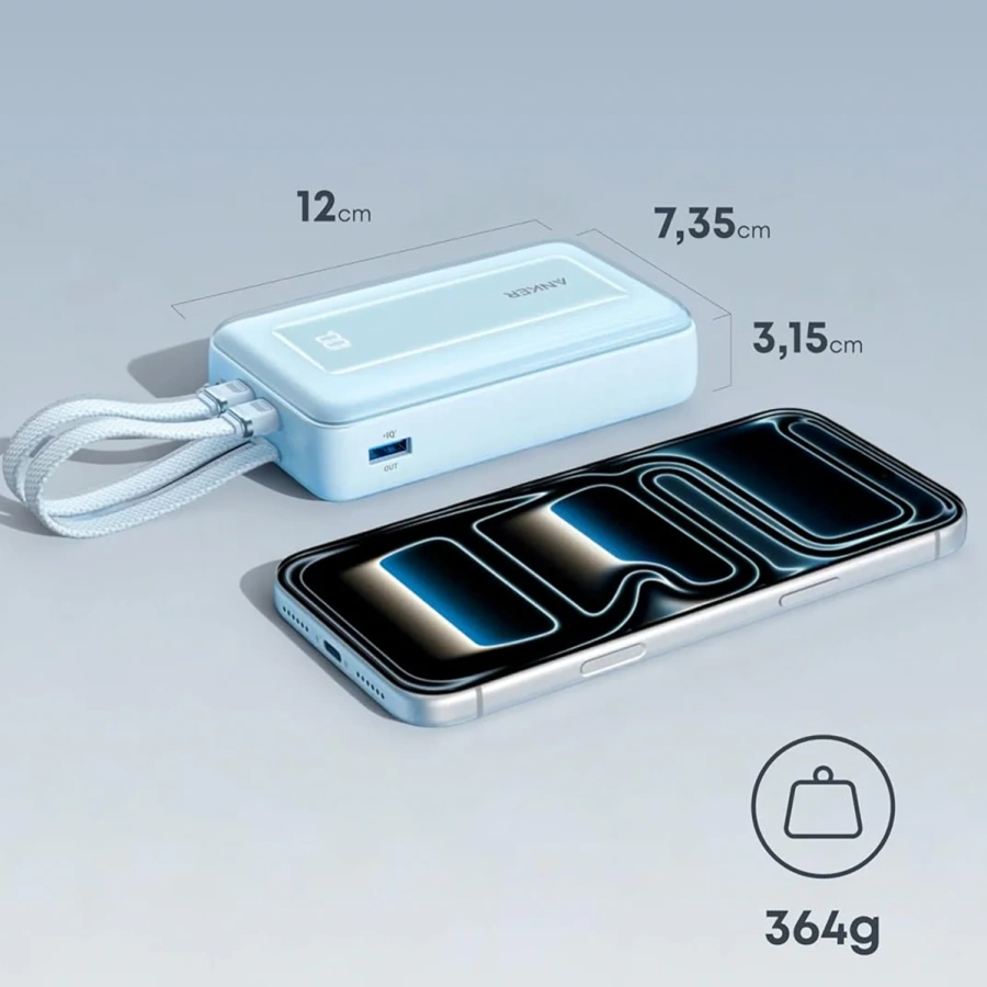Зовнішній акумулятор [павербанк] з вбудованими кабелями Anker Zolo 20000mAh 45W with Built-in Dual USB-C Cable - Black (A1681H12)