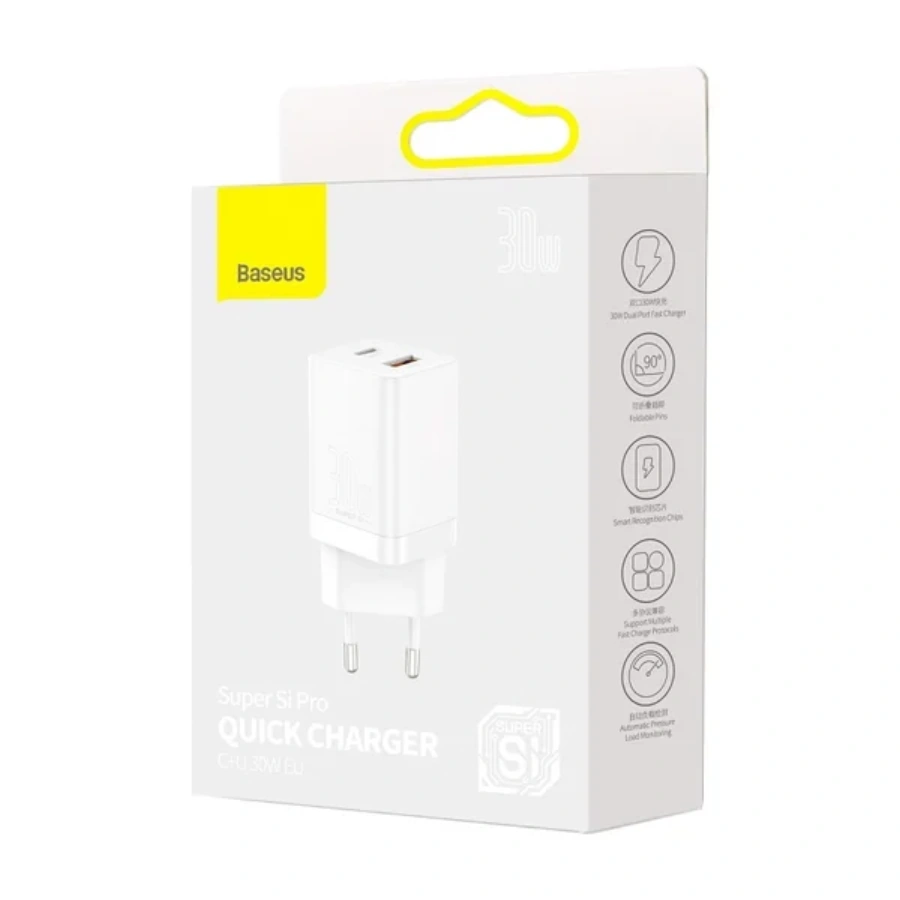 Мережевий зарядний пристрій Baseus Super Si Pro Quick Charger C+U 30W EU - White (CCSUPP-E02)