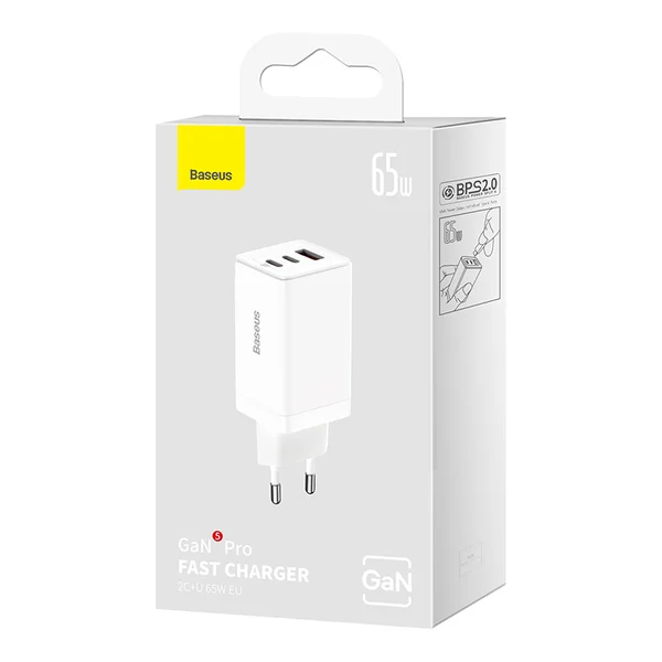 Мережевий зарядний пристрій з кабелем Baseus GaN5 Pro Fast Charger 2C+U 65W EU White + Baseus Xiaobai charging Cable Type-C to Type-C 100W (CCGP120202)