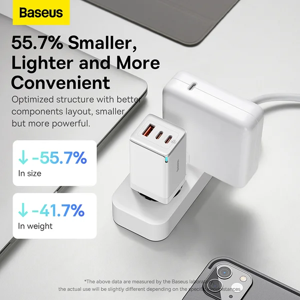 Мережевий зарядний пристрій з кабелем Baseus GaN5 Pro Fast Charger 2C+U 65W EU White + Baseus Xiaobai charging Cable Type-C to Type-C 100W (CCGP120202)