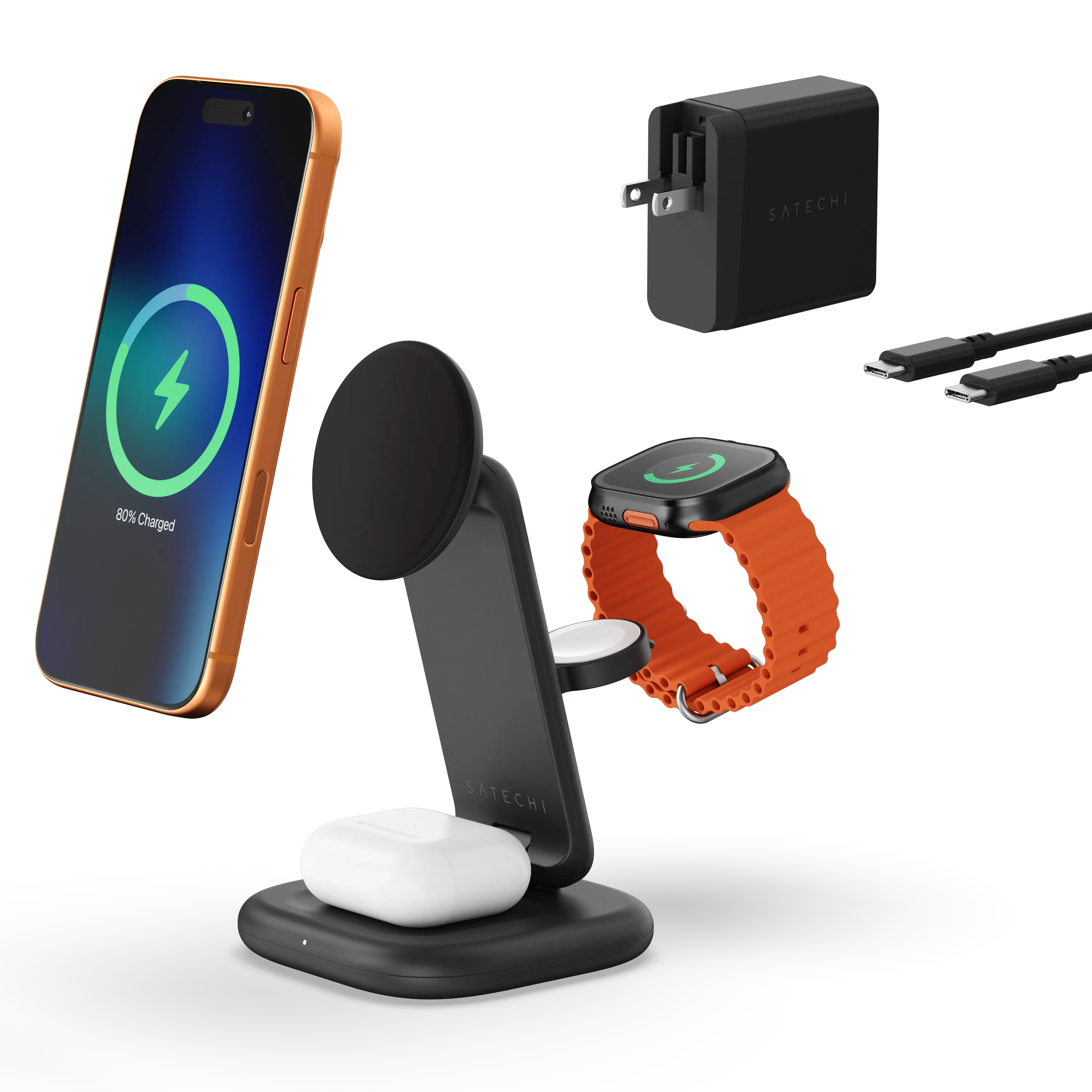 Беспроводное зарядное устройство с функцией сборки Satechi 3-in-1 Foldable Wireless Charging Stand with Qi2 25W (ST-Q25F31C-EA)
