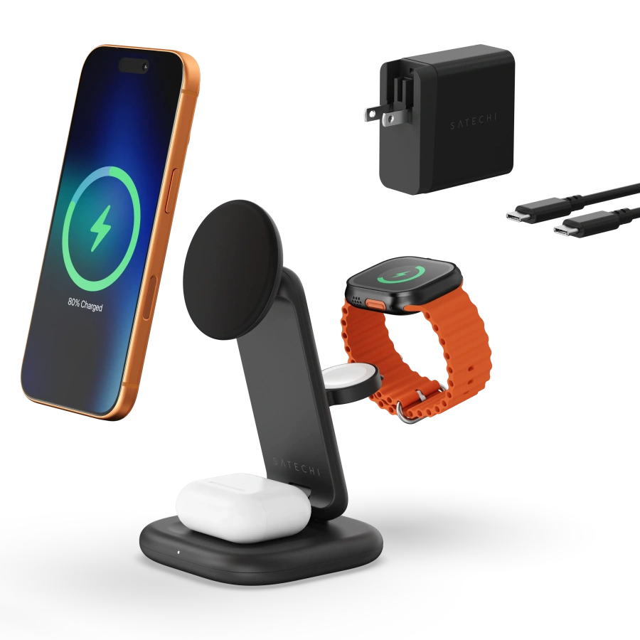 Беспроводное зарядное устройство с функцией сборки Satechi 3-in-1 Foldable Wireless Charging Stand with Qi2 25W (ST-Q25F31C-EA)