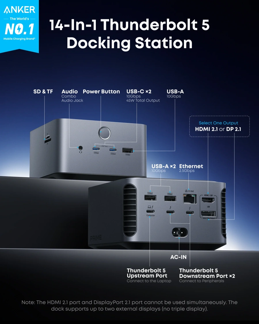 Док-станція Anker Prime TB5 Docking Station 14-in-1, 8K, Thunderbolt 5 (A83B53A1)
