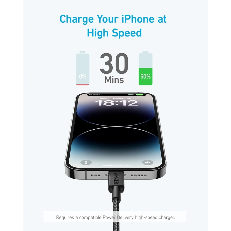 Кабель Anker 322 USB-C to Lightning Cable 0.9m - Black (A81B5H11, A81B5G11)