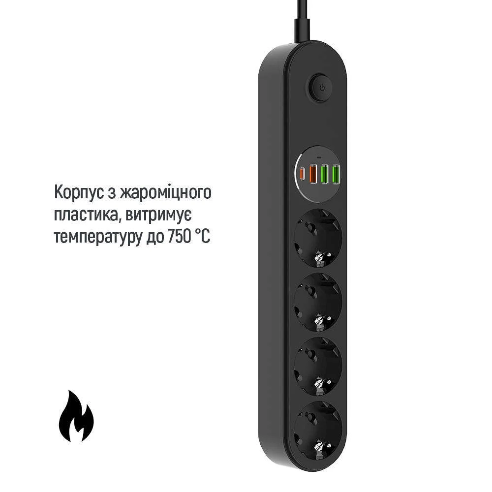 Сетевой фильтр-удлинитель ColorWay 4 розетки/4USB Type-C PD20W + 3USB QC3.0 45W Black 2M (CW-CHE44PDB)