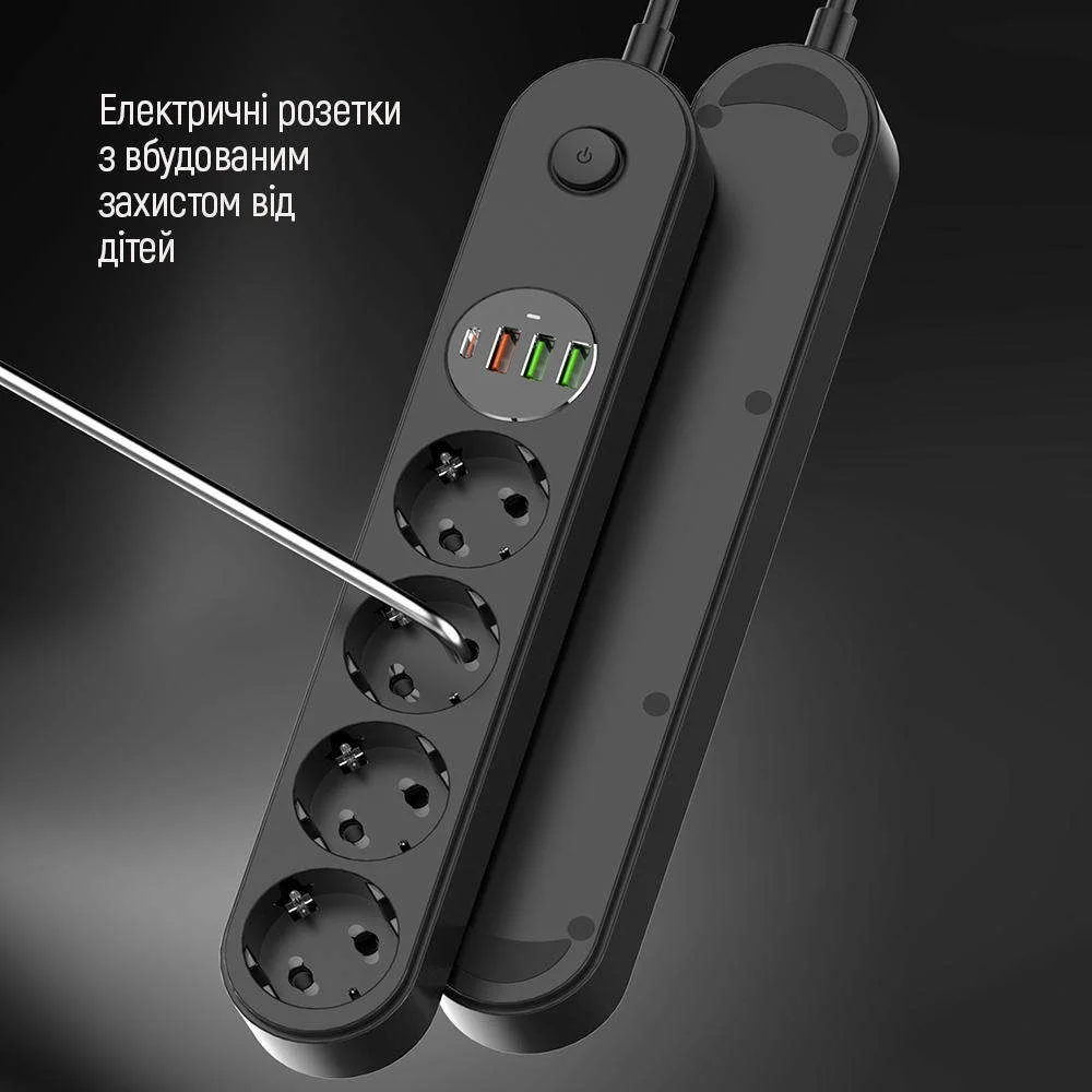 Сетевой фильтр-удлинитель ColorWay 4 розетки/4USB Type-C PD20W + 3USB QC3.0 45W Black 2M (CW-CHE44PDB)