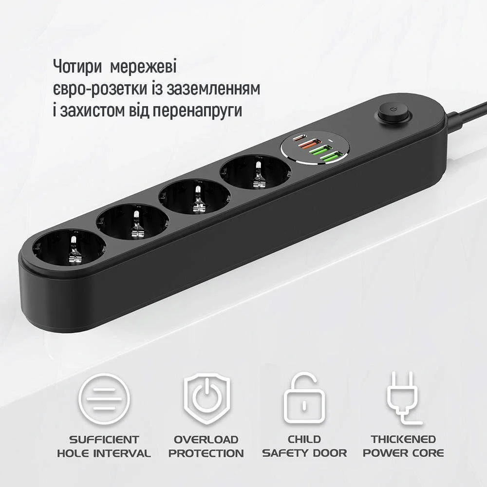 Сетевой фильтр-удлинитель ColorWay 4 розетки/4USB Type-C PD20W + 3USB QC3.0 45W Black 2M (CW-CHE44PDB)