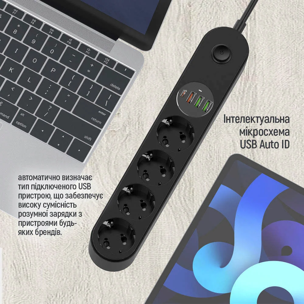Сетевой фильтр-удлинитель ColorWay 4 розетки/4USB Type-C PD20W + 3USB QC3.0 45W Black 2M (CW-CHE44PDB)