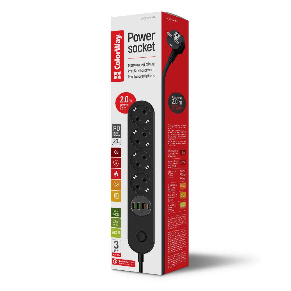 Сетевой фильтр-удлинитель ColorWay 4 розетки/4USB Type-C PD20W + 3USB QC3.0 45W Black 2M (CW-CHE44PDB)