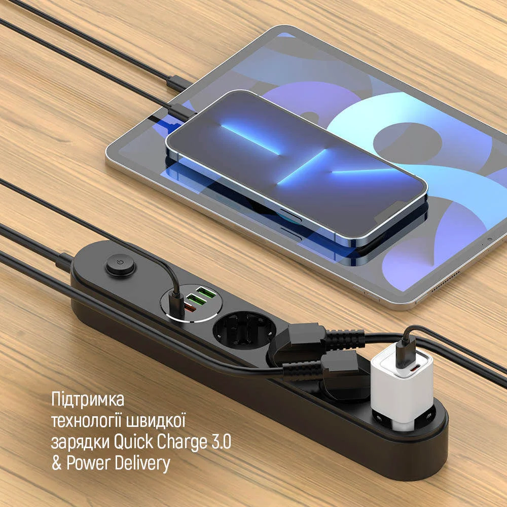 Сетевой фильтр-удлинитель ColorWay 4 розетки/4USB Type-C PD20W + 3USB QC3.0 45W Black 2M (CW-CHE44PDB)