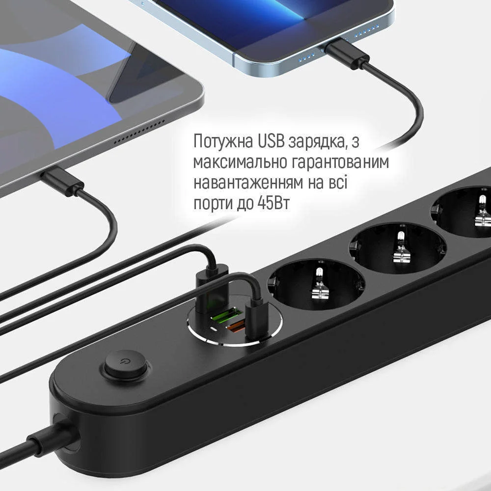 Сетевой фильтр-удлинитель ColorWay 4 розетки/4USB Type-C PD20W + 3USB QC3.0 45W Black 2M (CW-CHE44PDB)