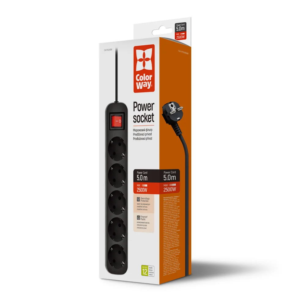Сетевой фильтр-удлинитель ColorWay 5 розеток/5M (CW-PSEA55BK)
