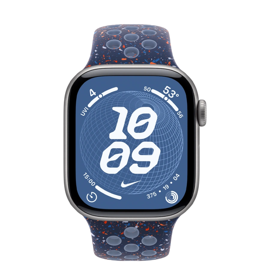 Apple Watch Series 11 GPS 42mm Space Gray Aluminium Case with Blue Ribbon Nike Sport Band - M/L (MEW14+MGAX4)