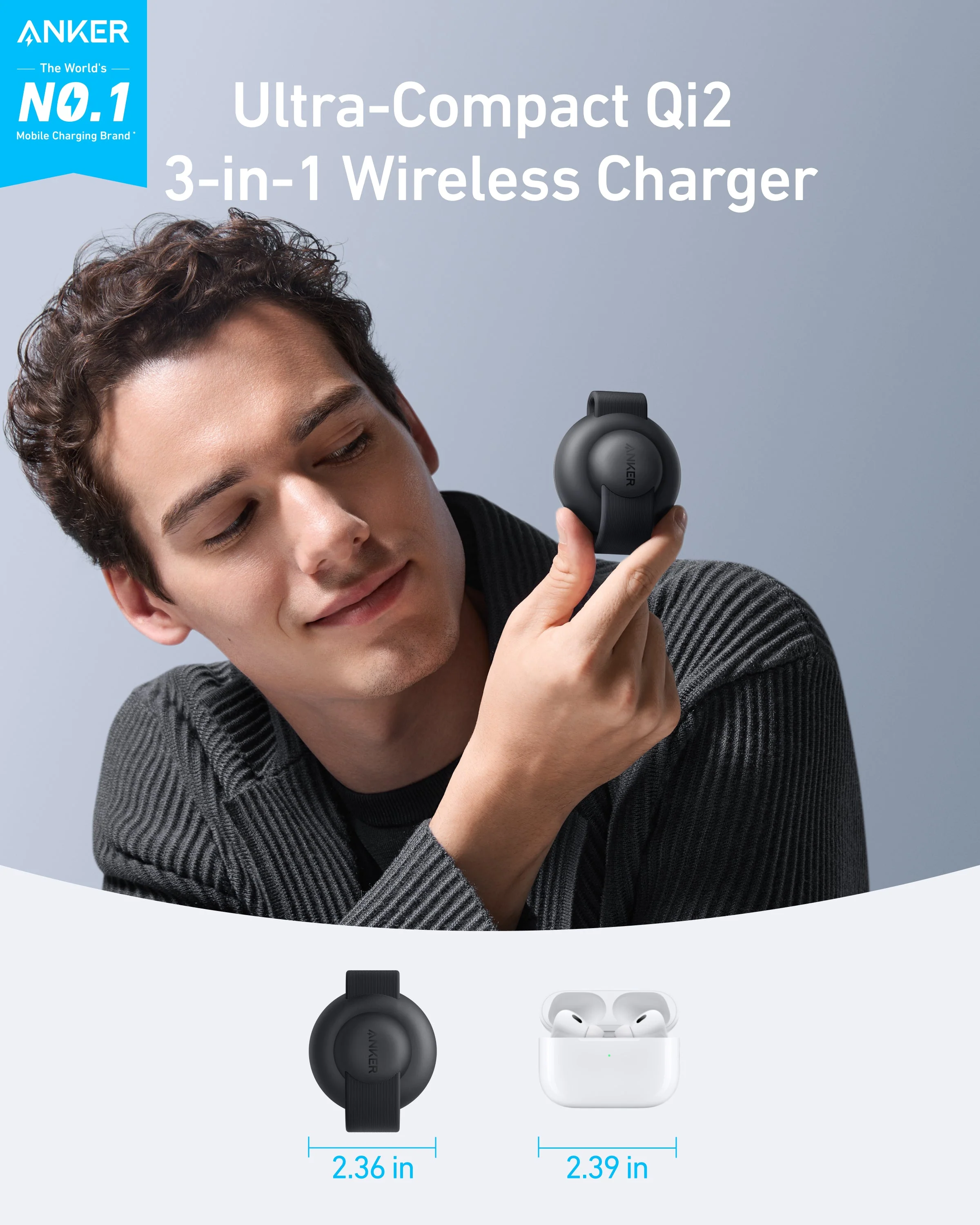 Беспроводная зарядная станция Anker MagGo Wireless Foldable Charging Station 3-in-1 Qi2 15W - Black Stone (B25M8H11)