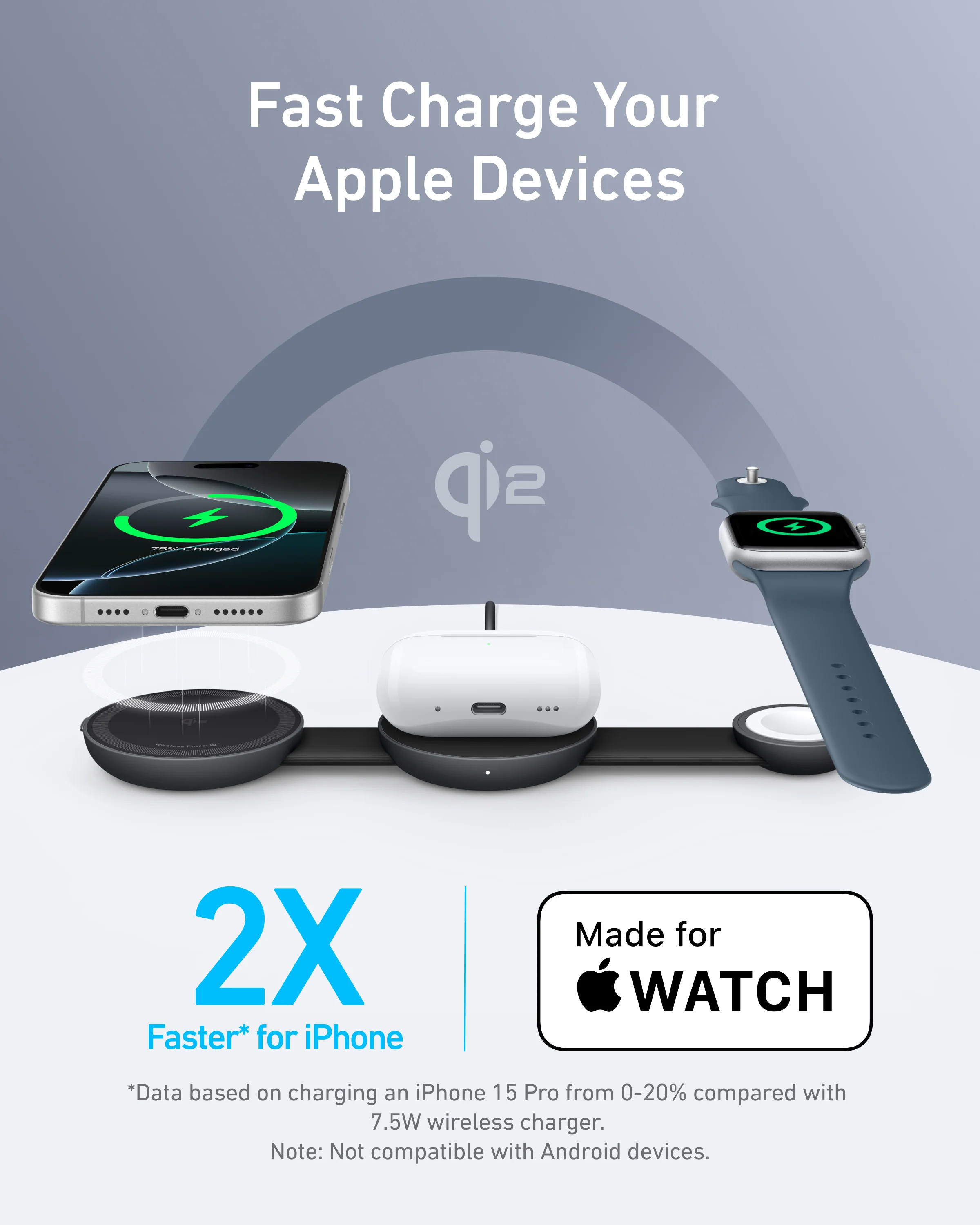 Беспроводная зарядная станция Anker MagGo Wireless Foldable Charging Station 3-in-1 Qi2 15W - Black Stone (B25M8H11)