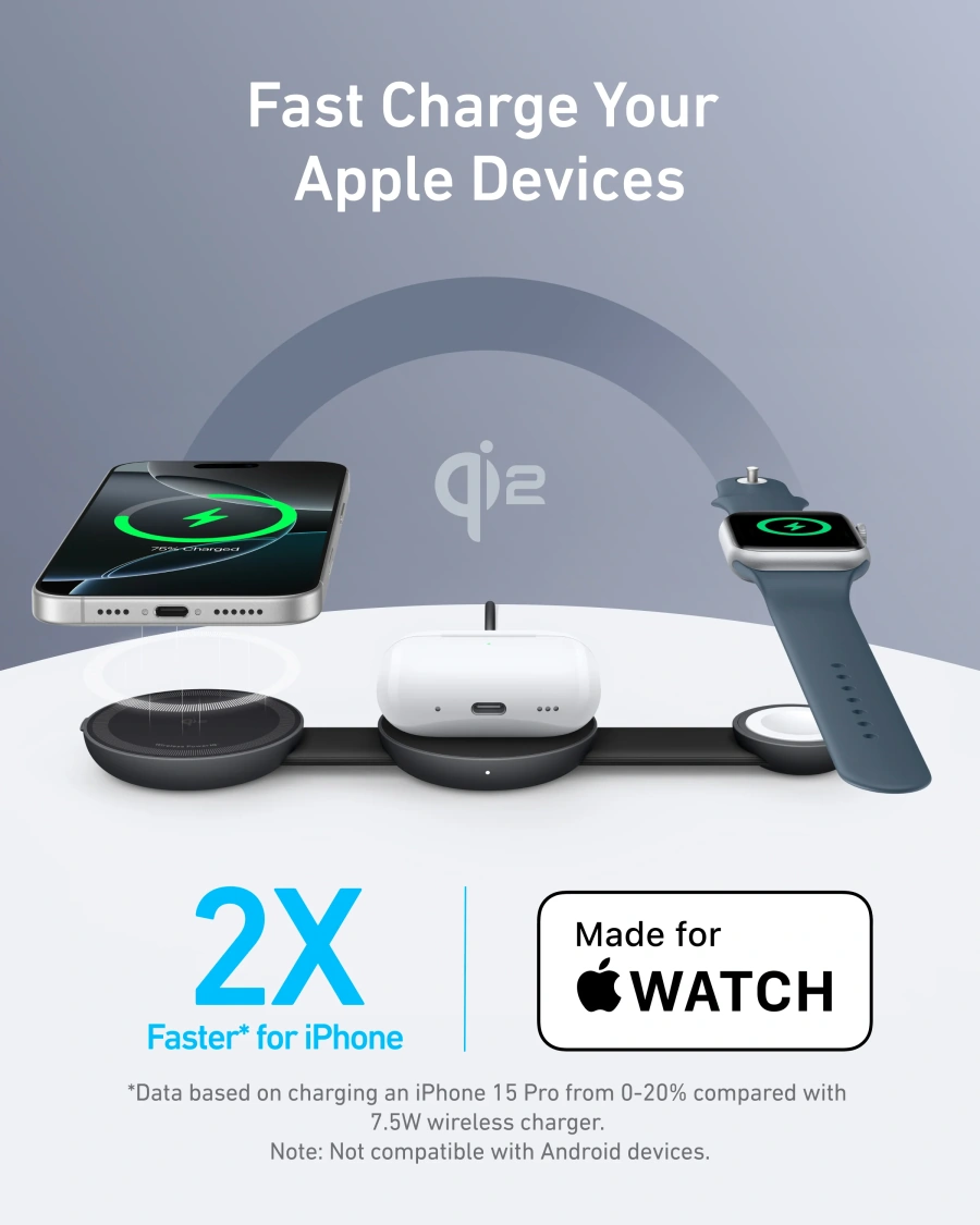 Беспроводная зарядная станция Anker MagGo Wireless Foldable Charging Station 3-in-1 Qi2 15W - Black Stone (B25M8H11)