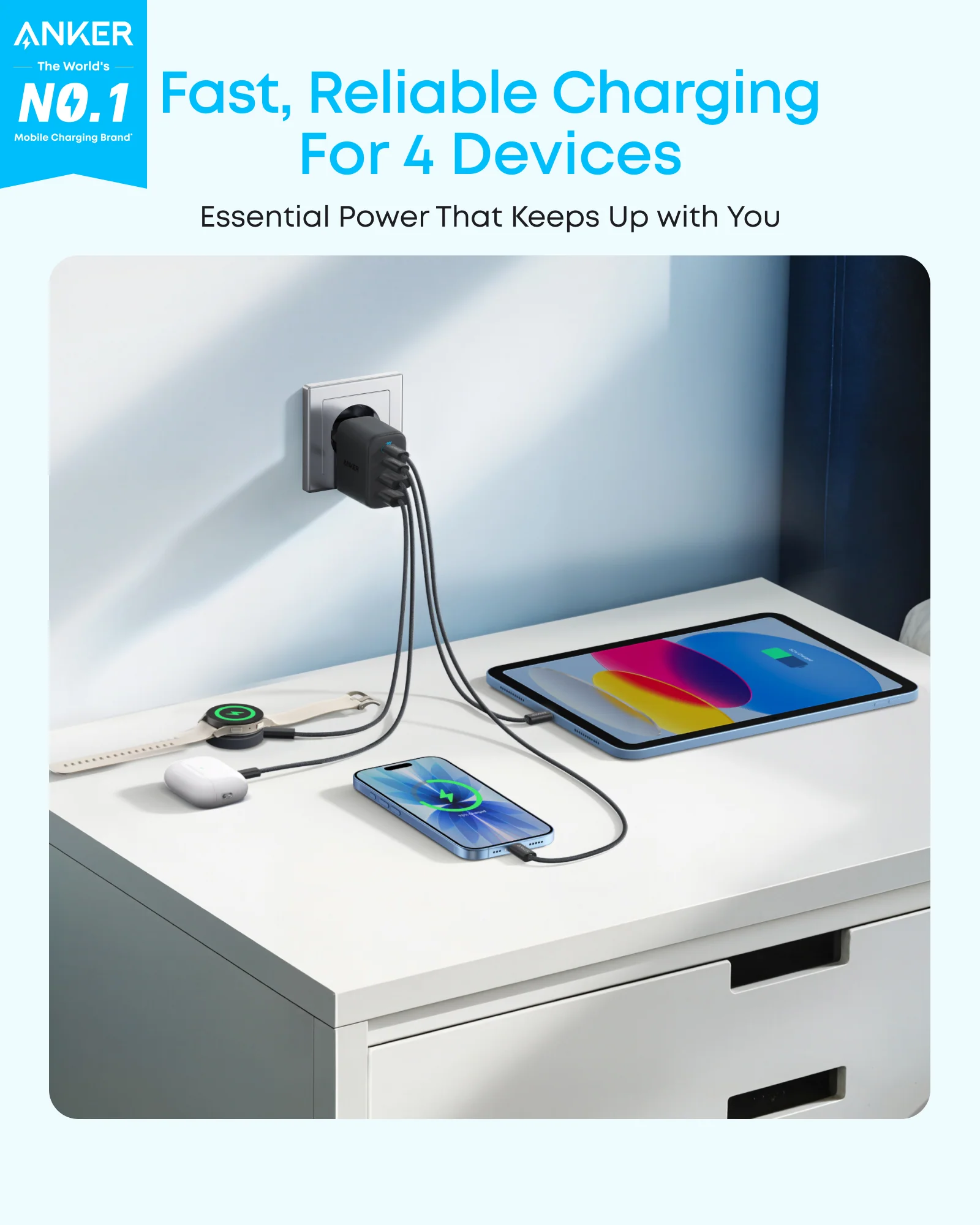 Мережевий зарядний пристрій Anker Zolo Charger 50W 2xUSB-C & 2xUSB-A - Black (A121EG11)