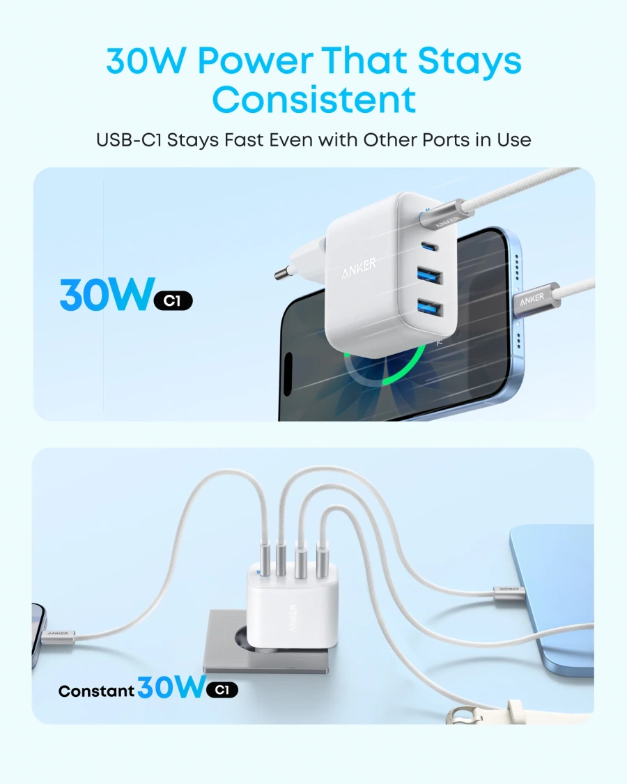 Мережевий зарядний пристрій Anker Zolo Charger 50W 2xUSB-C & 2xUSB-A - White (A121EG21)
