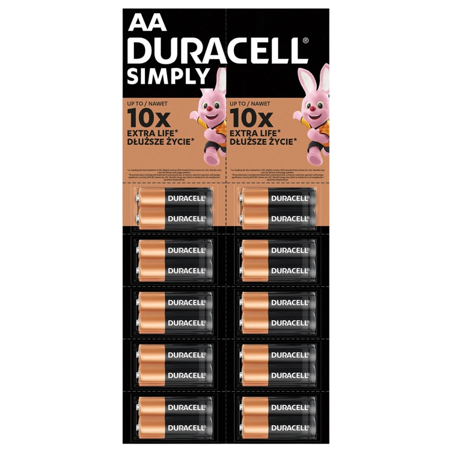 Лужні батарейки Duracell Simply AA LR06 MN1500 - відривний плакат 2×10 шт [20 шт] (5020426)