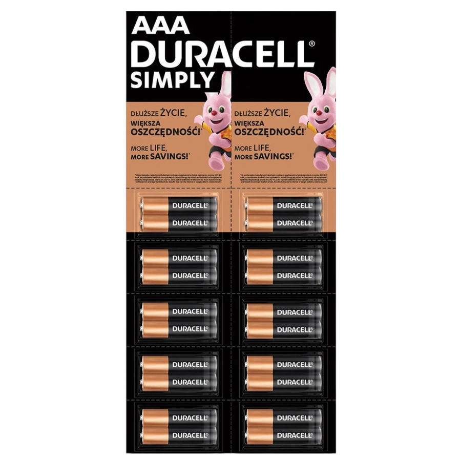 Лужні батарейки Duracell Simply AAA LR03 MN2400 - відривний плакат 2×10 шт [20 шт] (5020427, 5010664, 5011646, 5010663)