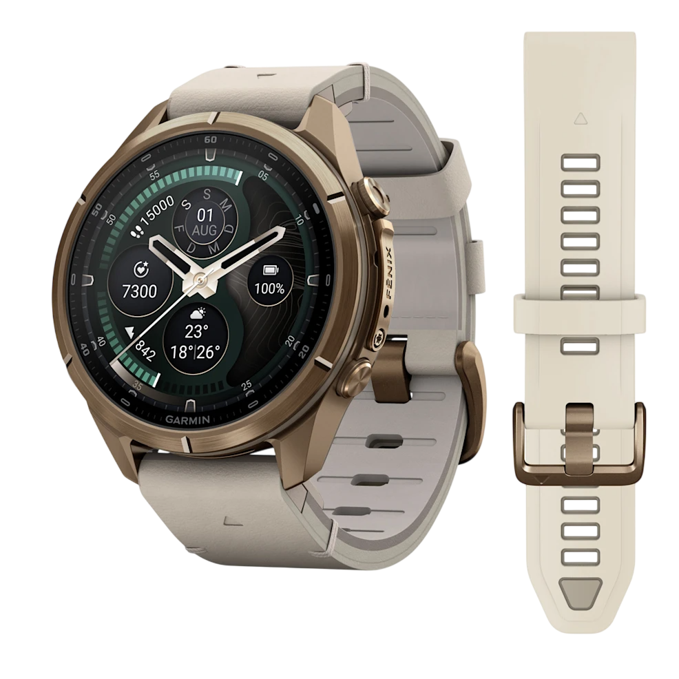 Смарт-годинник Garmin Fenix 9 Pro inReach 43mm Autumn Gold Titanium Case with Bone Leather Band + Cream/French Gray Silicone Band (010-04335-41)