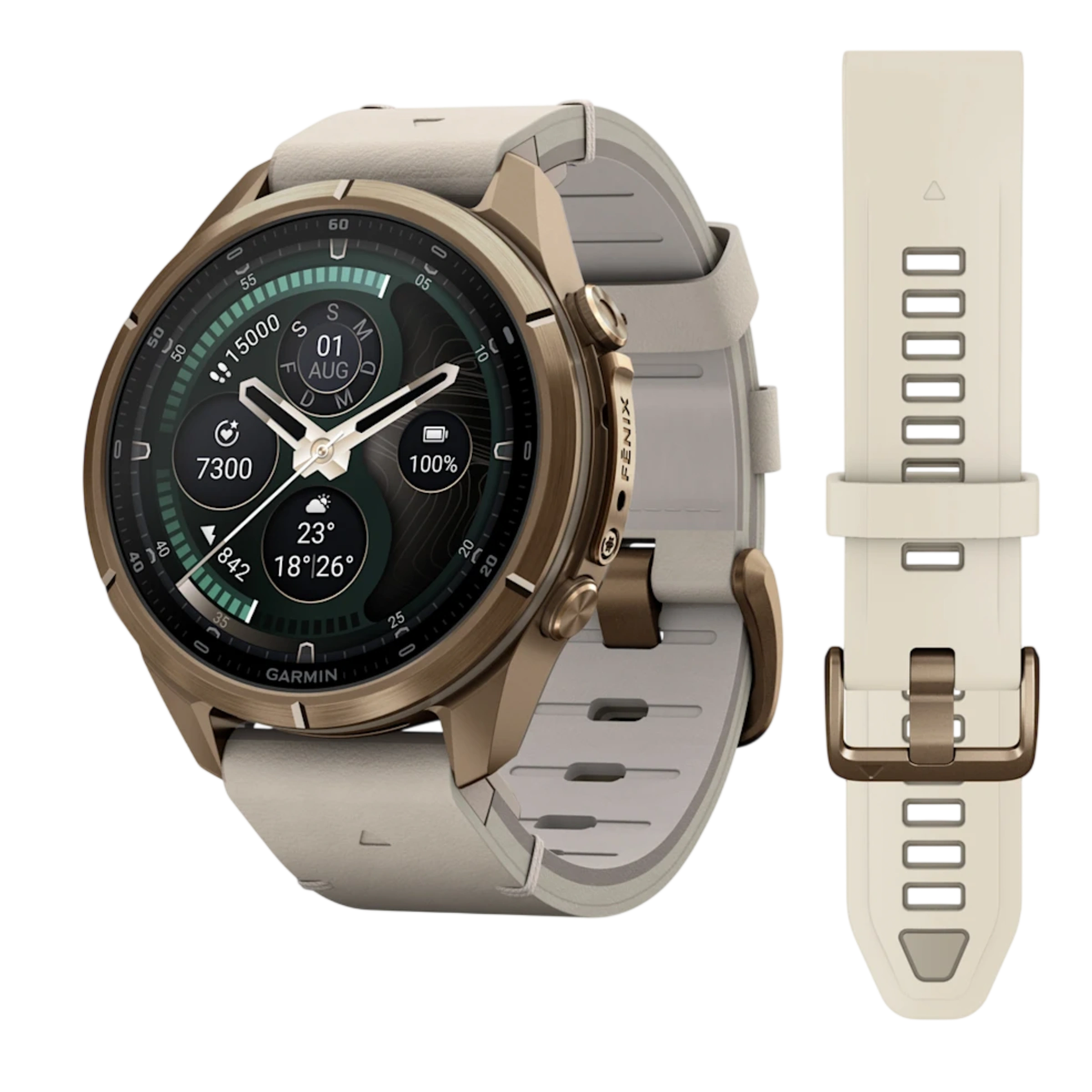 Смарт-годинник Garmin Fenix 9 Pro inReach 43mm Autumn Gold Titanium Case with Bone Leather Band + Cream/French Gray Silicone Band (010-04335-41)