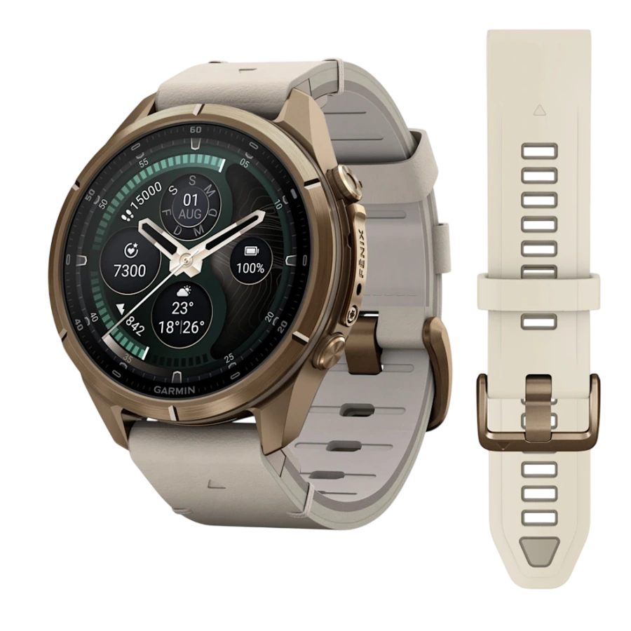 Смарт-годинник Garmin Fenix 9 Pro inReach 43mm Autumn Gold Titanium Case with Bone Leather Band + Cream/French Gray Silicone Band (010-04335-41)
