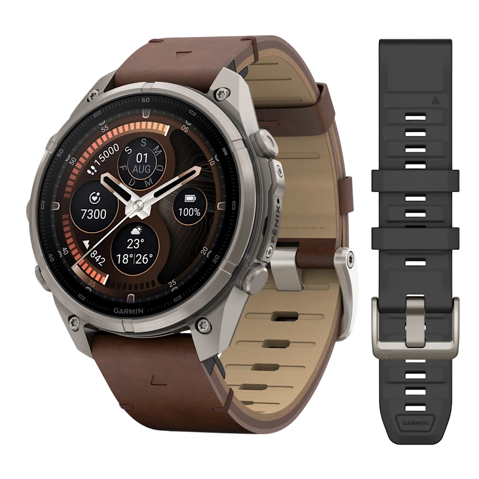 Смарт-годинник Garmin Fenix 9 Pro inReach 47mm Titanium Case with Walnut Leather Band + Graphite/Black Silicone Band (010-04336-41)