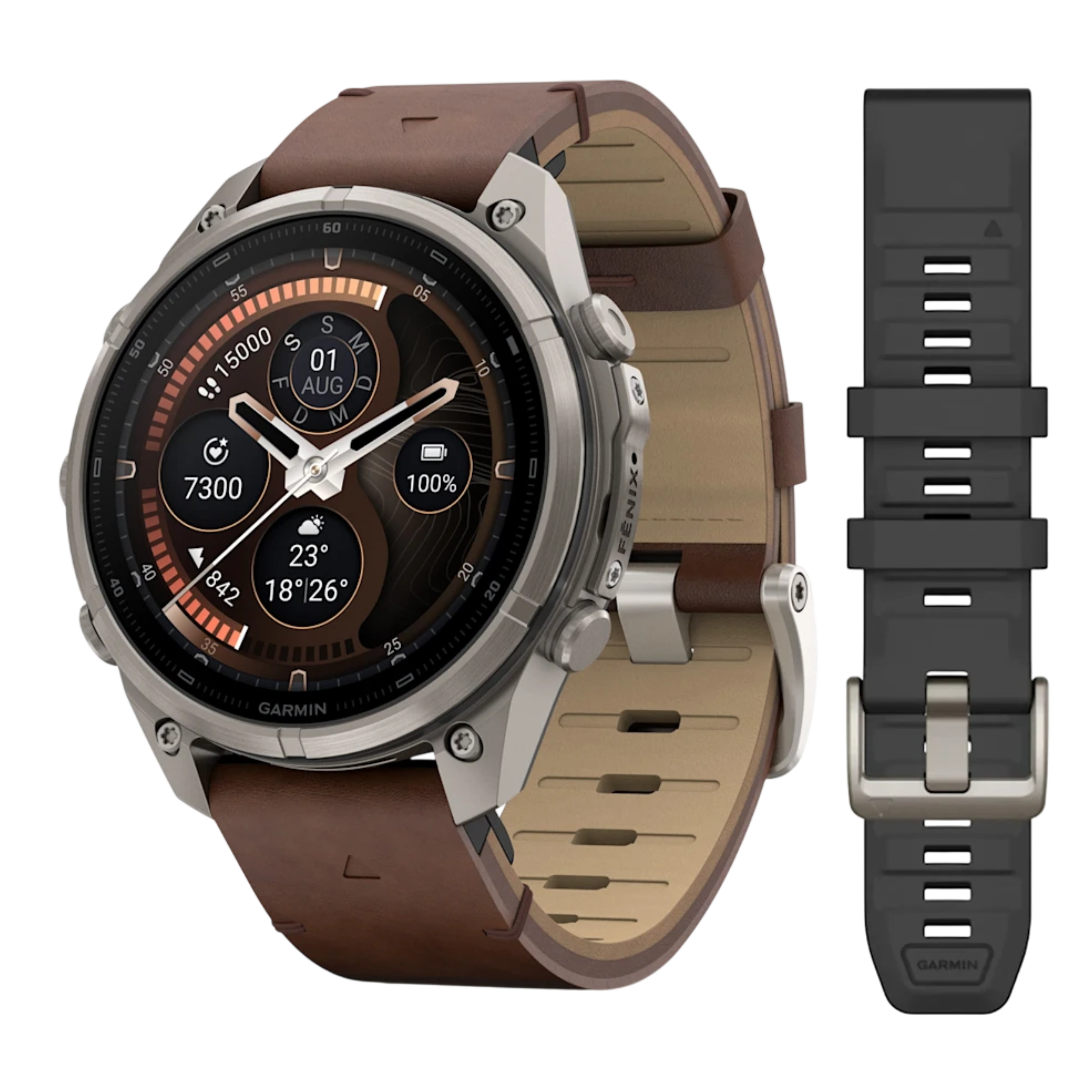 Смарт-годинник Garmin Fenix 9 Pro inReach 47mm Titanium Case with Walnut Leather Band + Graphite/Black Silicone Band (010-04336-41)