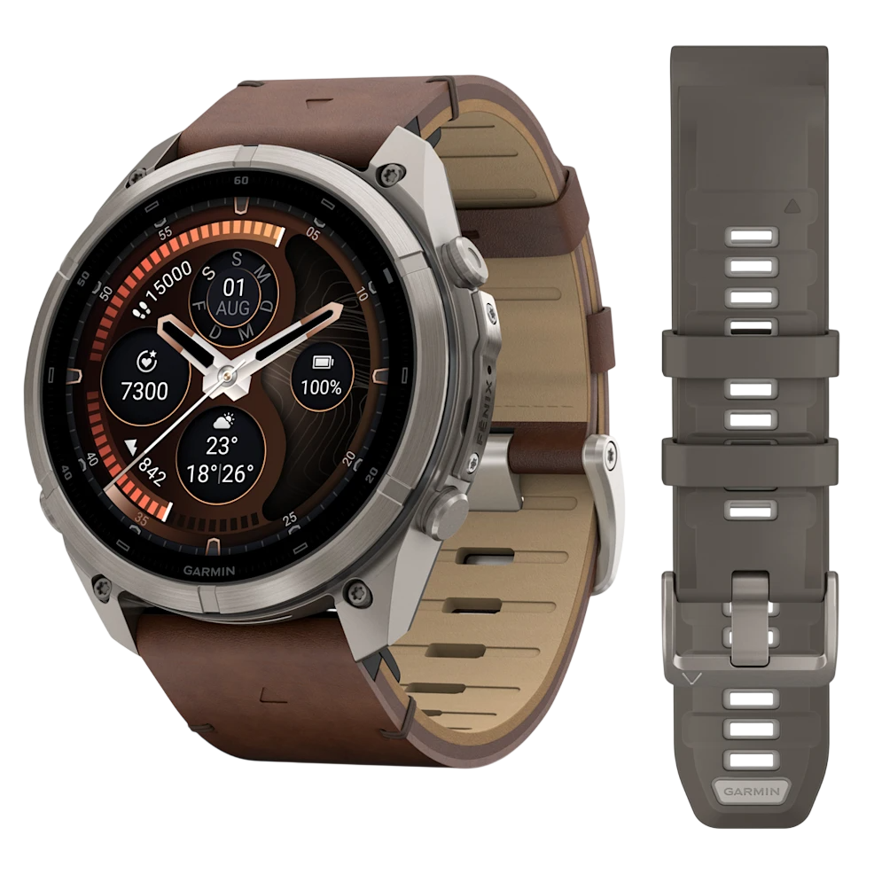 Смарт-годинник Garmin Fenix 9 Pro inReach 51mm Titanium Case with Walnut Leather Band + Pebble Gray/Silver Gray Silicone Band (010-04337-45)