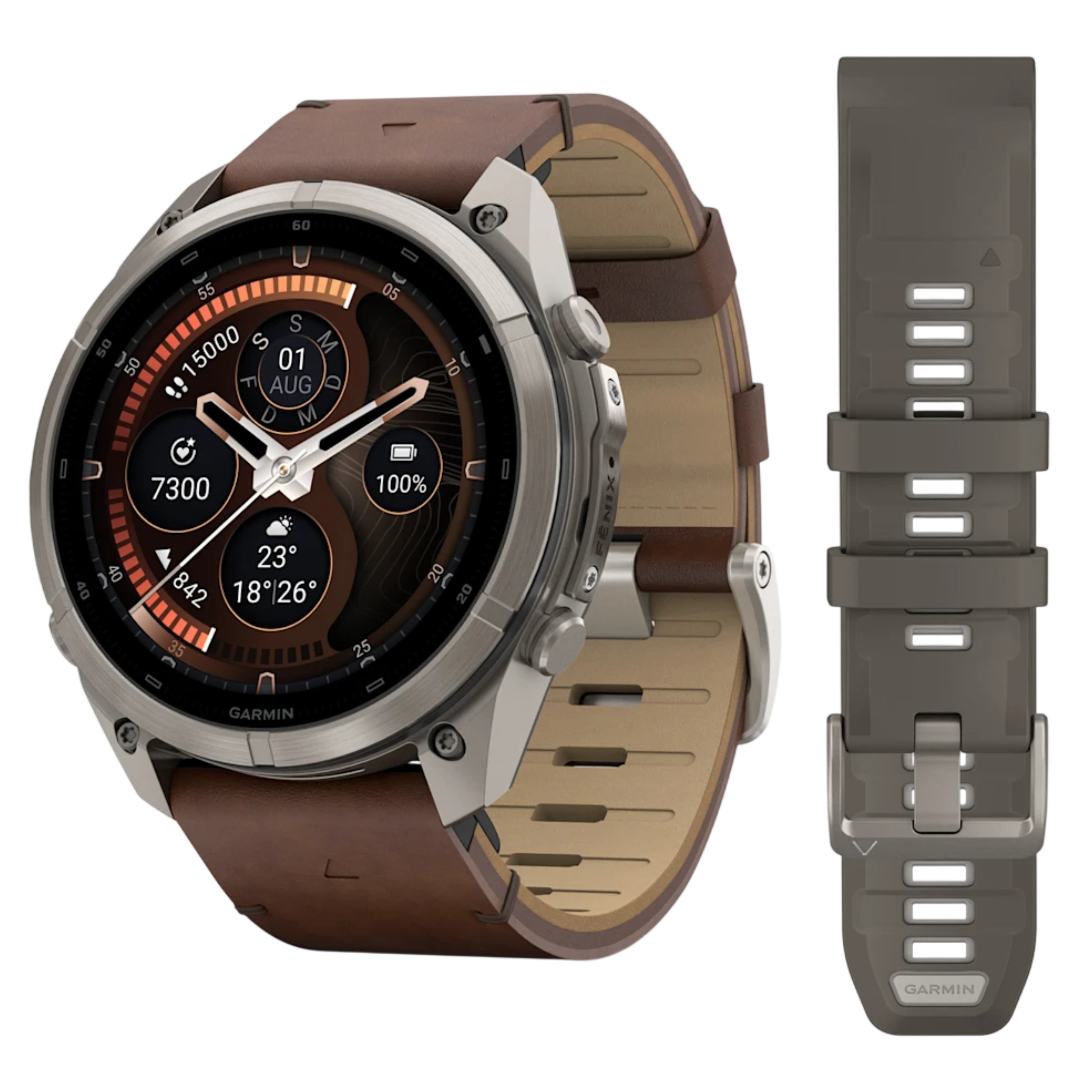 Смарт-годинник Garmin Fenix 9 Pro inReach 51mm Titanium Case with Walnut Leather Band + Pebble Gray/Silver Gray Silicone Band (010-04337-45)