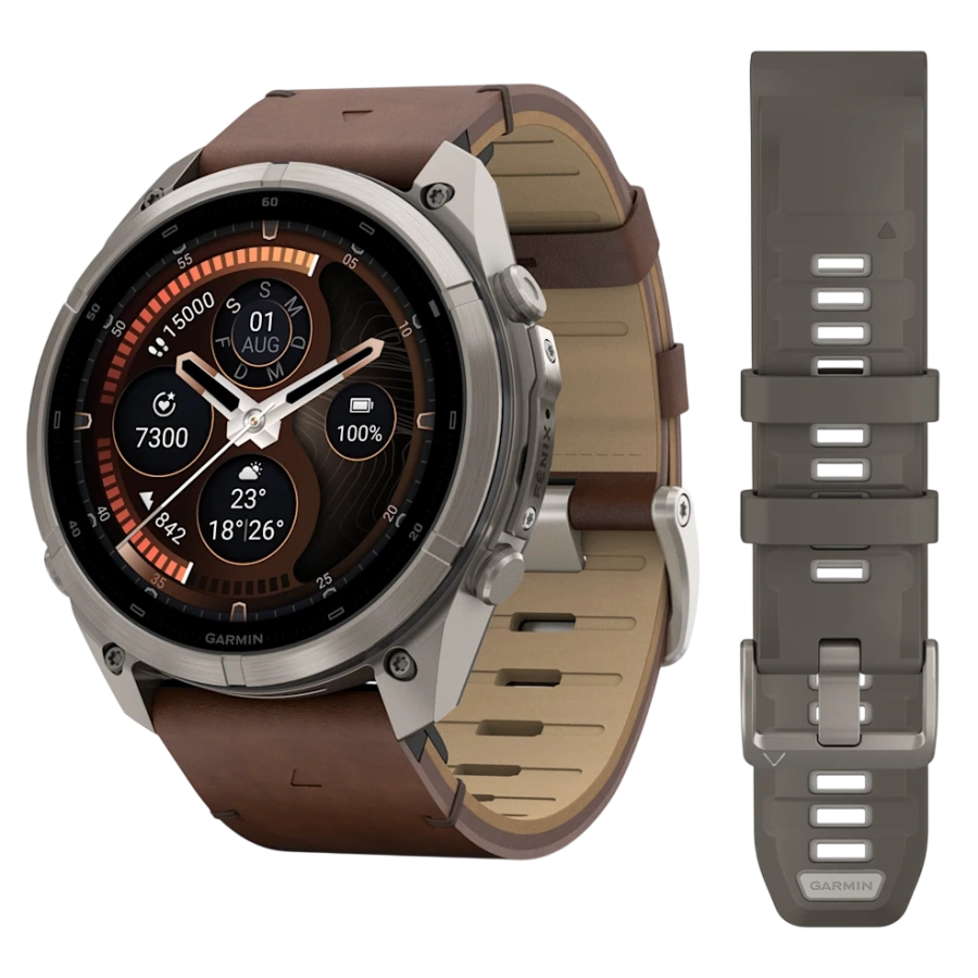 Смарт-годинник Garmin Fenix 9 Pro inReach 51mm Titanium Case with Walnut Leather Band + Pebble Gray/Silver Gray Silicone Band (010-04337-45)