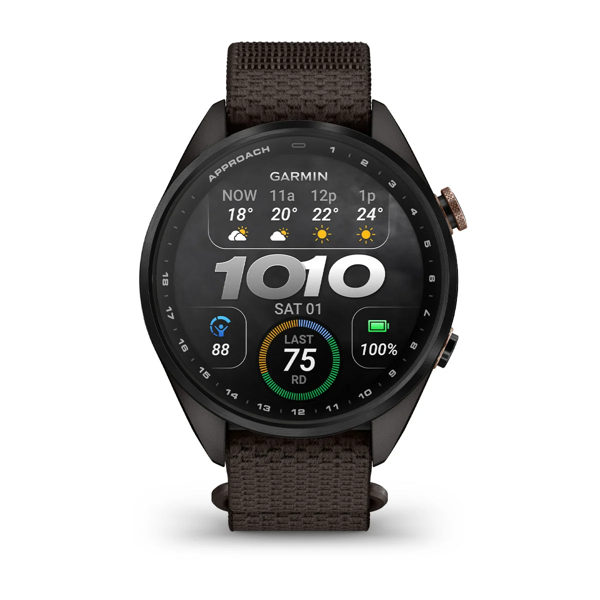 Смарт-часы Garmin Approach S72 43mm Carbon Gray/Heritage Bronze DLC Titanium Bezel with Pebble Gray ComfortFit Fabric Band (010-04147-00/02)