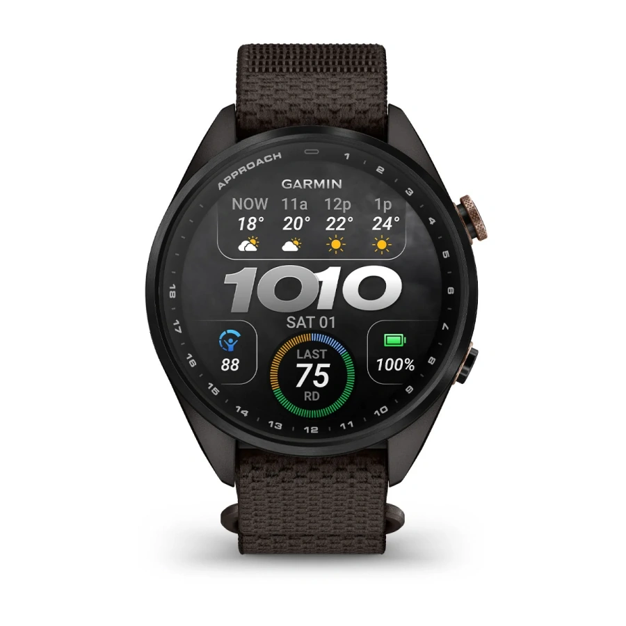 Смарт-часы Garmin Approach S72 43mm Carbon Gray/Heritage Bronze DLC Titanium Bezel with Pebble Gray ComfortFit Fabric Band (010-04147-00/02)