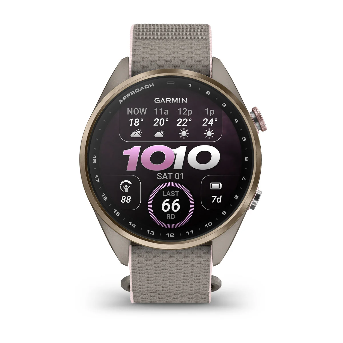 Смарт-часы Garmin Approach S72 43mm Soft Gold/Blush Pink Titanium Bezel with French Gray/Blush Pink ComfortFit Fabric Band (010-04147-01/04)
